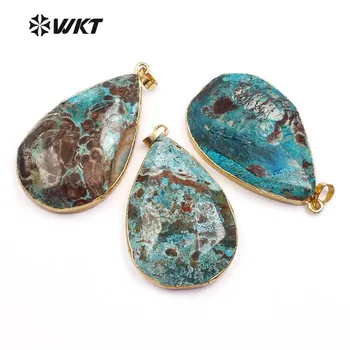 

WT-P1394 Big Water Drop Natural Stone Pendant Tear Drop Green Stone With Gold Trim For Women Vintage Neckalce Pendant