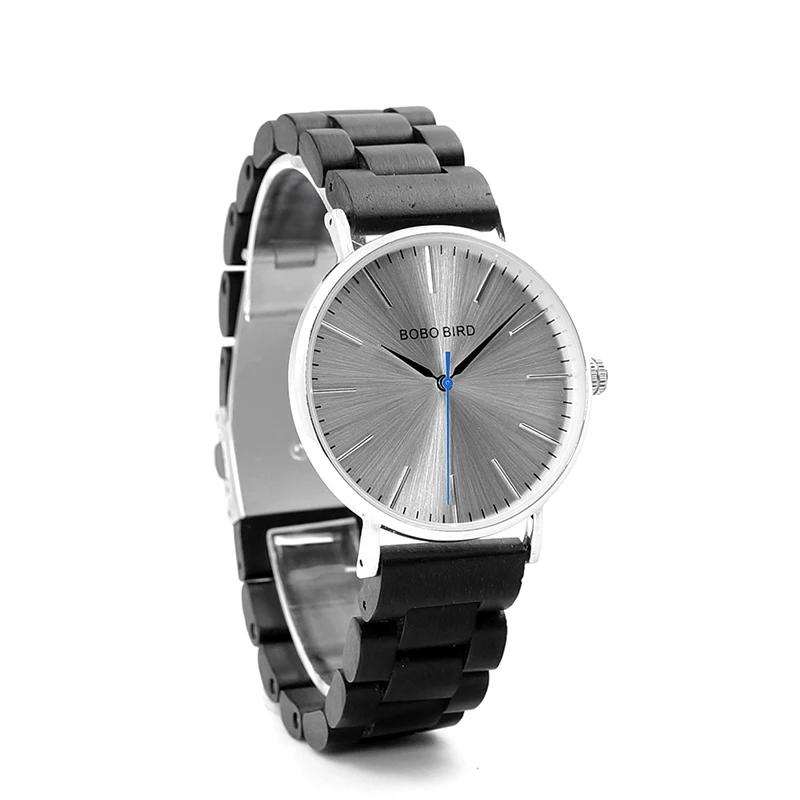 BOBO BIRD Simple Men Watch Thin Steel Silver Case Dress Watch with Wood Band in Gift Box