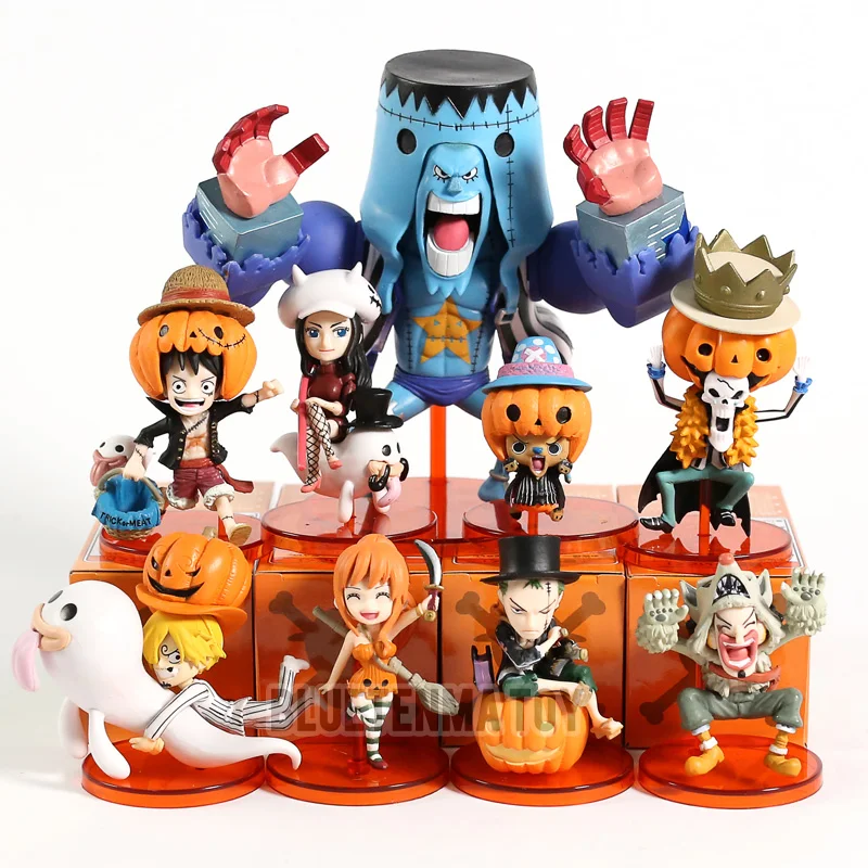 

9pcs/set Anime One Piece WFC Halloween Luffy Sanji Chopper Nami Pumpkin Clollectible Action Figures Toys Birthday Gift