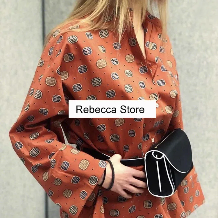 

WISHBOP Zahora blouse rust print stand-up collar front button wide cropped sleeves Oversized COTTON SHIRT TOP summery blouse