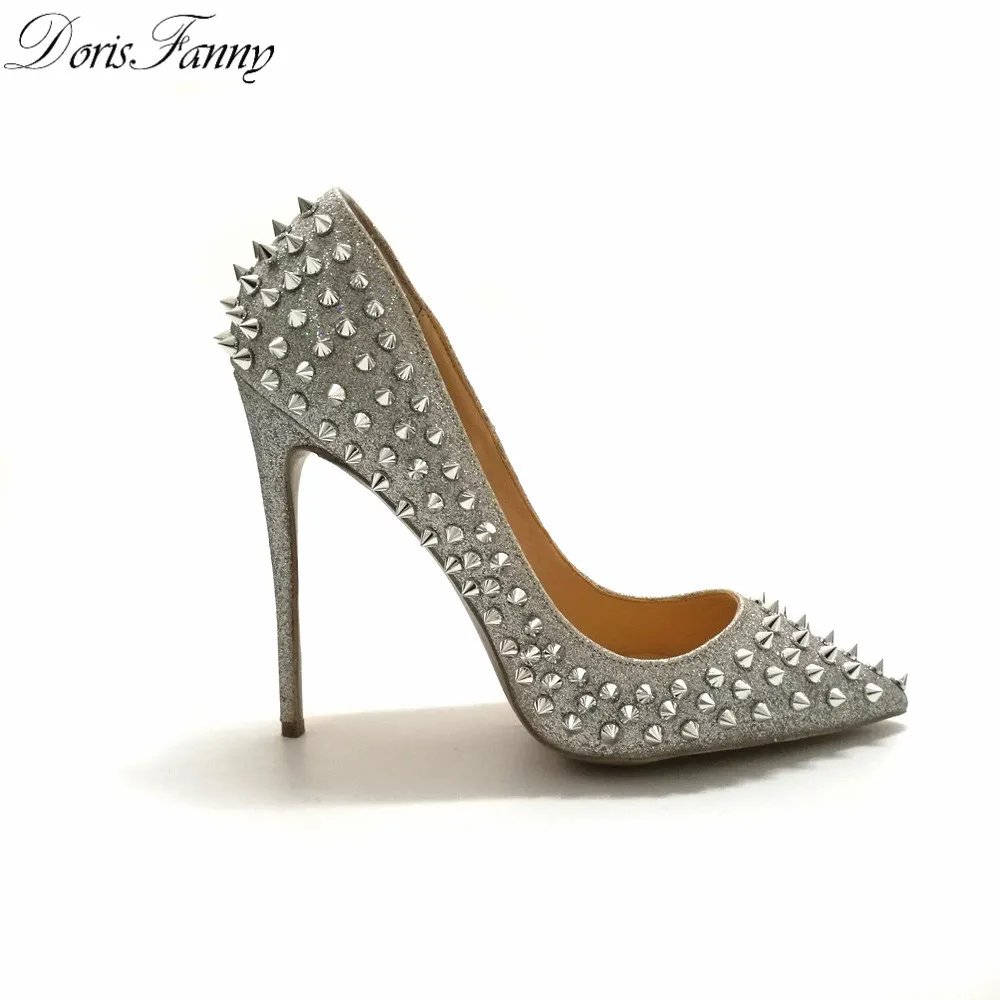 DorisFanny Glitter Spikes Rivets Studded Silver Gold High Heels shoes woman 2018 large size 34-45 stiletto shoes