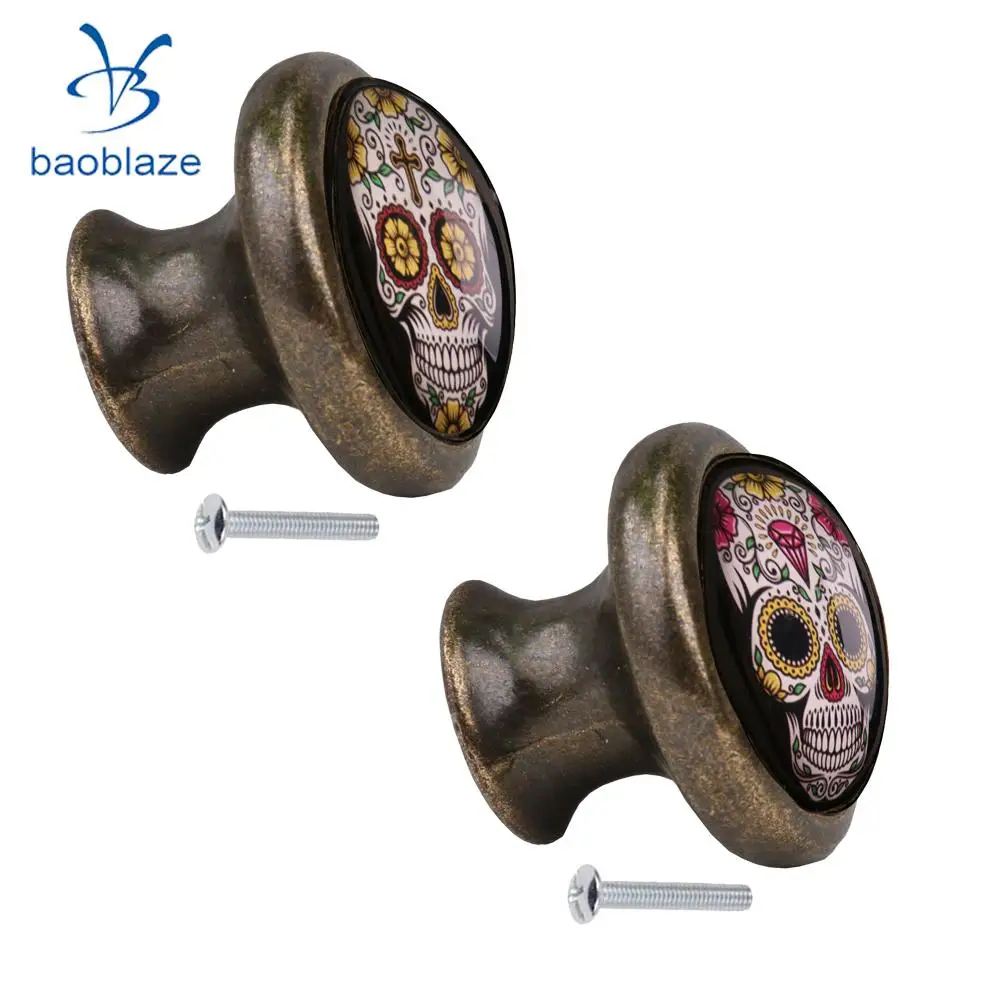 2pcs Skull Pattern Vintage Metal Door Knob Cupboard Cabinet Bin