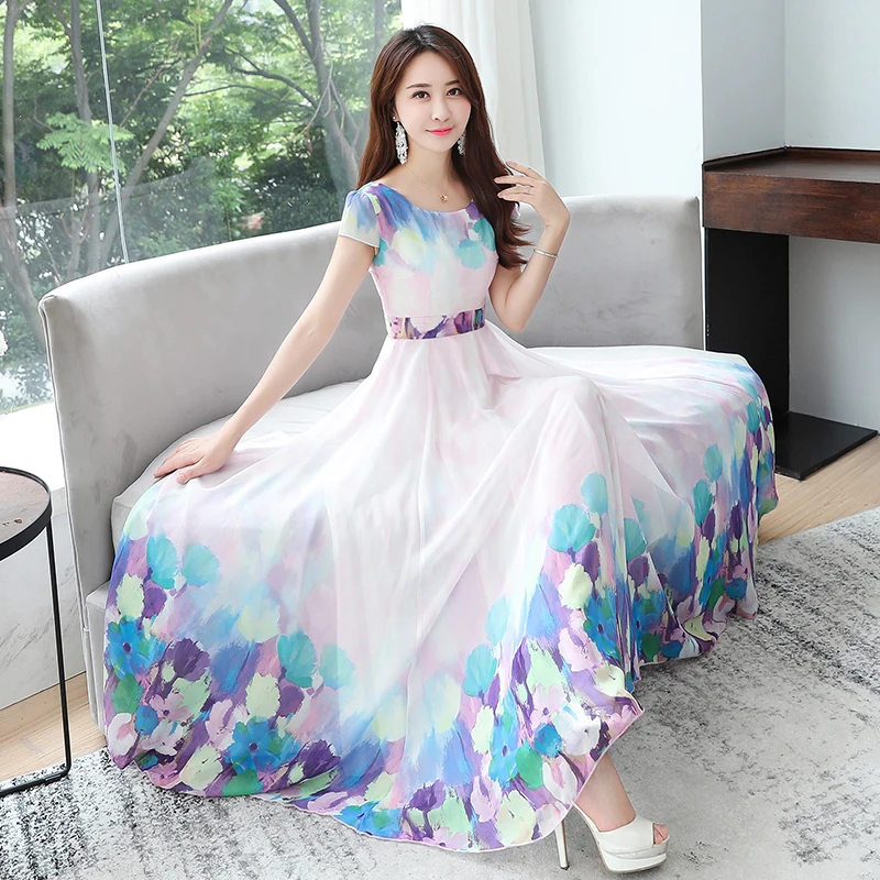 مكتب سيدة فستان صيفي كبير سوينغ Vestidos النساء قصيرة الأكمام الأزهار طباعة طويل فساتين الشيفون الأزرق ، الوردي ملابس كاجوال