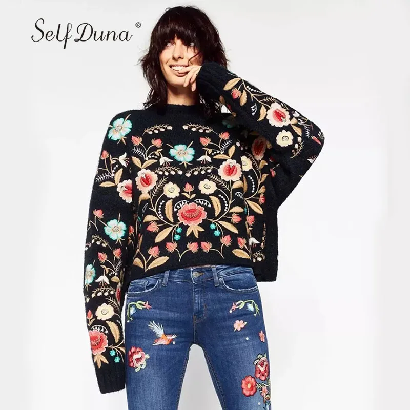 Femmes Automne Fleur Hiver Black Tricots Broderie Jumper Pulls Duna Tricoté Brodé Floral Vintage Noir Chandail 2019 Auto qPtOEO