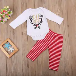 Комплект рождественской одежды из 2 предметов для новорожденных мальчиков и девочек, детский хлопковый комбинезон в полоску с длинными