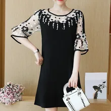 Кружевные Элегантные женские Платья с цветочным рисунком, черное прозрачное женское платье с круглым вырезом и рукавом средней длины размера плюс, летние свободные платья Vestidos Feamle