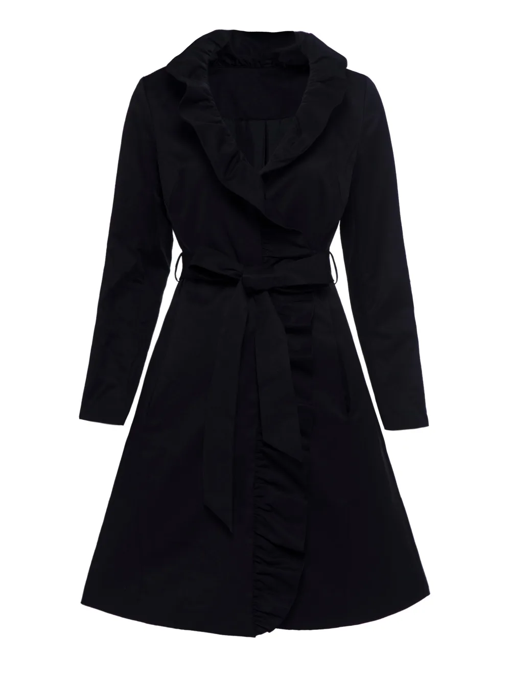 Women Black Ruffle Trench Coats Winter Autumn Sashes Belt Lapel Ruffled
