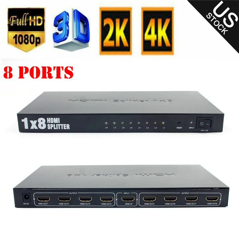 

8 Port 1 In 8 Out 1x8 HDMI Splitter Audio Video 1080P Adapter Converters For 4K/2K HD HDTV 3D DVD -