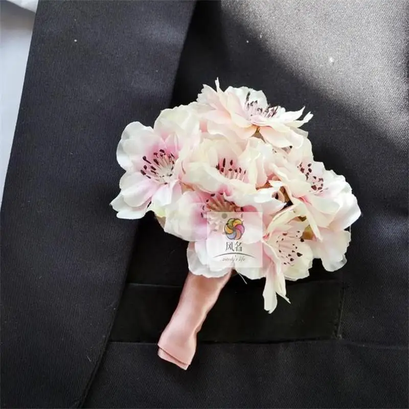 2278 Rose Marié Groomsman Meilleur Homme Boutonnière Fleurs De Cerisier Bouquet De Mariage Accessoires Maison Fête Mariée Costume Décoration In