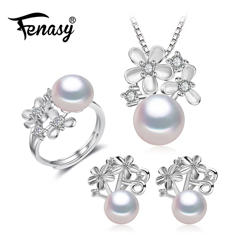 

FENASY Pearl Jewelry wedding engagement jewelry sets Natural Pearl pendant Necklace women stud Earrings flower party earrings