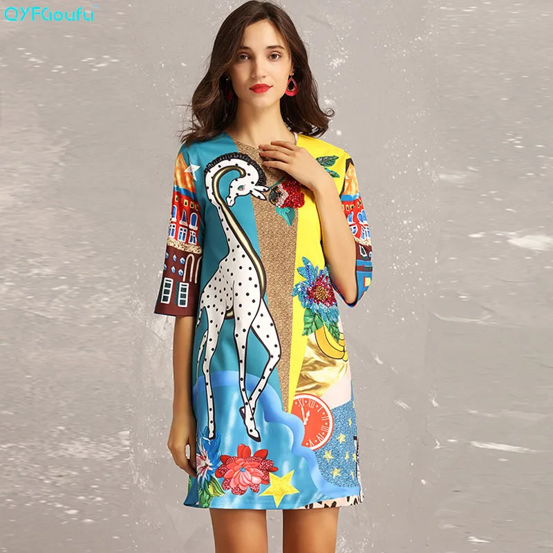 

QYFCIOUFU 2019 Summer Animal Print Dress Women Half Sleeve Designer Print Runway Dress Short Fashions Luxury Beading Loose Dress