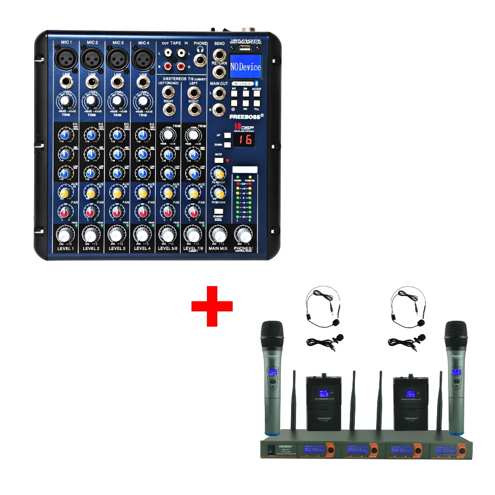 

FREEBOSS FB-V04H2 VHF Handheld and Headset Wireless microphone + SMR8 Audio Mixer