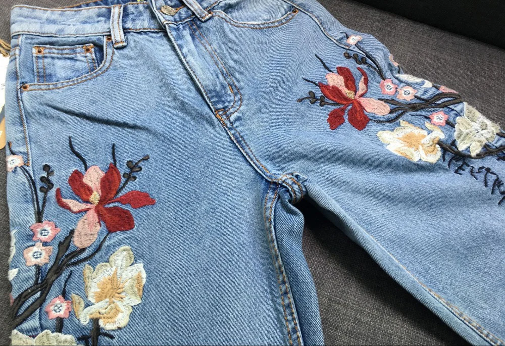 2017 New Hot Chic Women's Clothing Cotton Denim Jeans Pants High Waist 3D Embroidery Straight Ankle-length Pants Female Trousers (30)