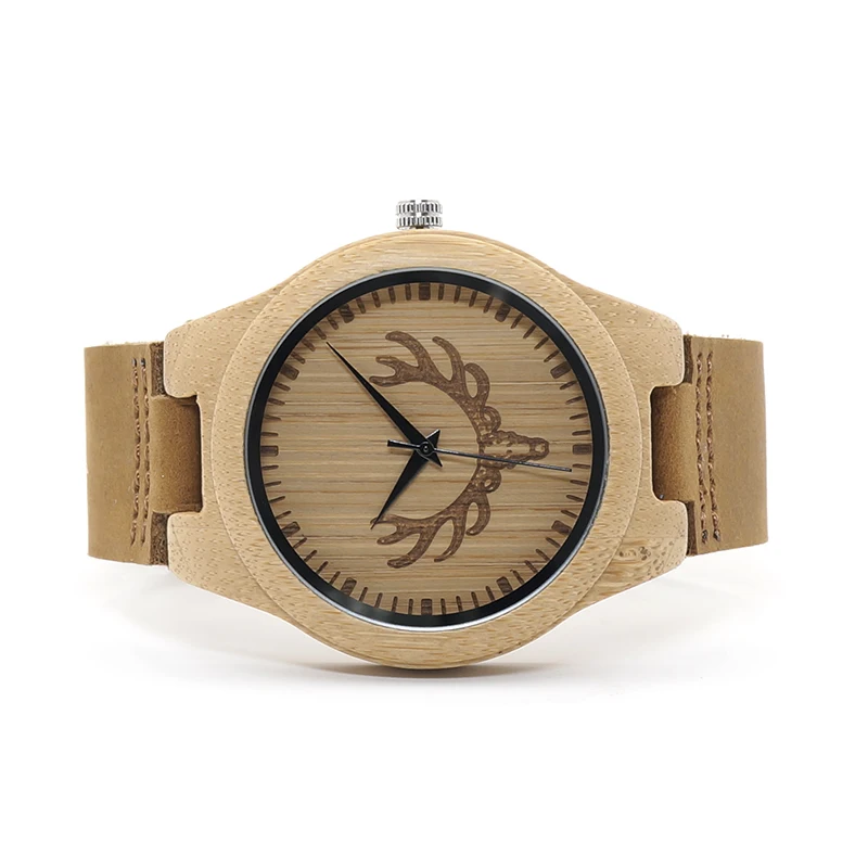 BOBO BIRD WM08 Mens Deer Head Design Buck Bamboo Wooden Watches Luxury Wood Watches With Soft Leather Strap for Men Women