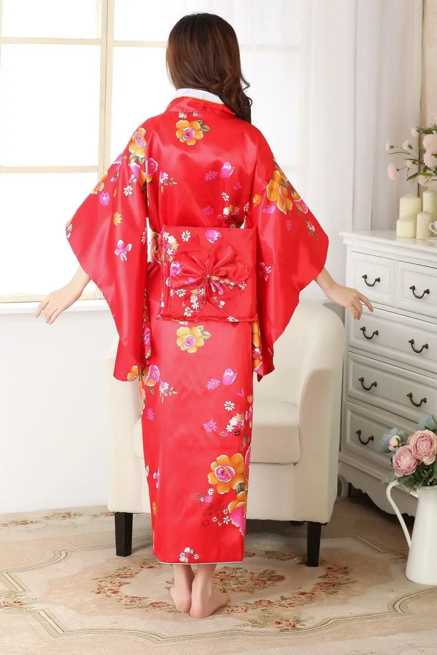 Красное женское сексуальное сатиновое кимоно Haori японское винтажное
