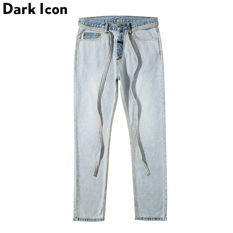

Dark Icon Inside wear Outside Special Denim Pants Men High Street Men's Jeans with Sash Vintage Blue Jeans