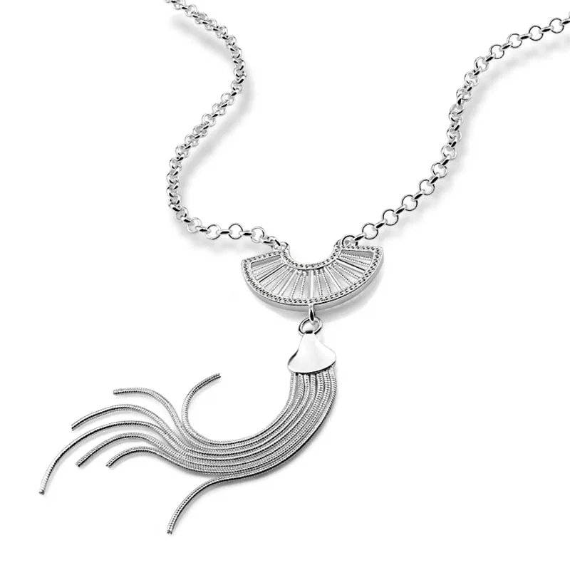 Chinese wind fan pendant necklace Fashionable woman long sterling
