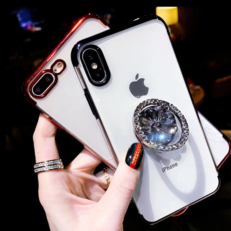 

Phone Case For iPhone XR XS MAX X 8 7 6 6SPlus Transparent Soft TPU Bling Diamond Finger Ring Holder Cover For iPhone 11 Pro Max