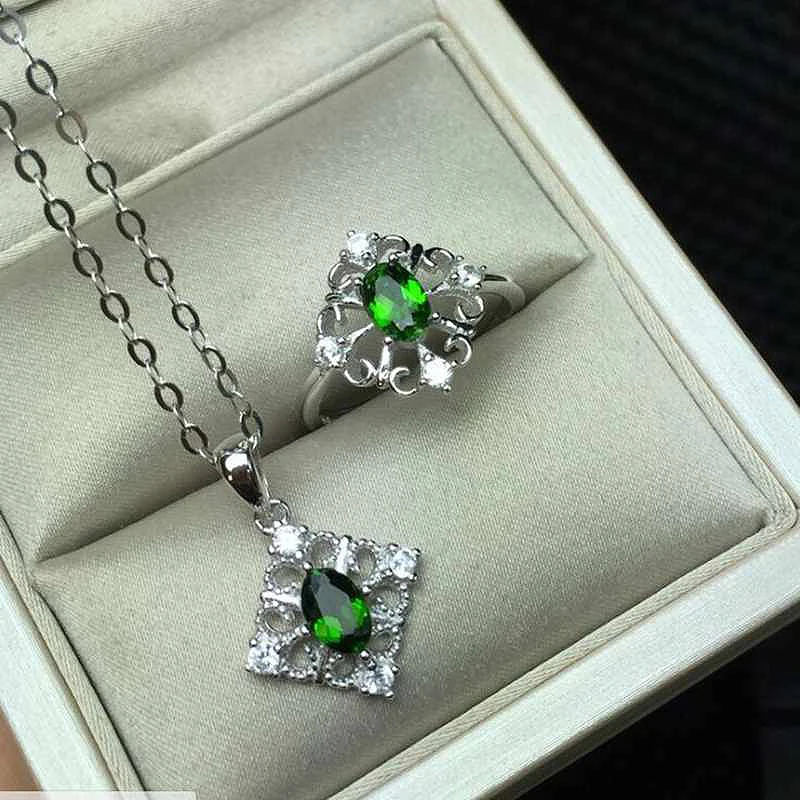 Geometric Shape Natural Gemstone Jewelry Green Diopside White Gold Women 925 Silver Wedding Ring/Necklace Jewelry Sets YJS018 Geometric Shape Natural Gemstone Jewelry Green Diopside White Gold Women 925 Silver Wedding Ring/Necklace Jewelry Sets YJS018