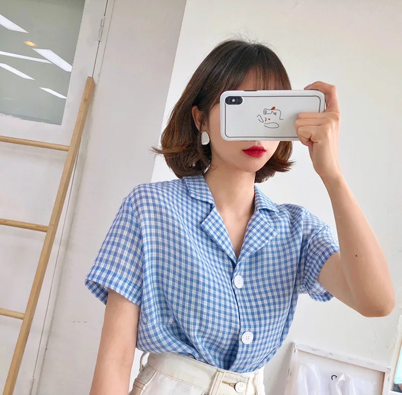 

Shirts Notched Plaid Button Short Preppy Style Regular