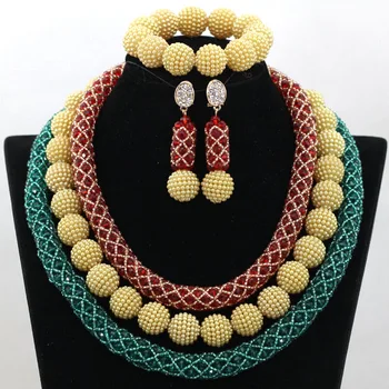 

Unique Red Mix Green African Bridal Jewelry Set Hot Nigerian Wedding Costume Crystal Beads Necklace Set Free Shipping QW047