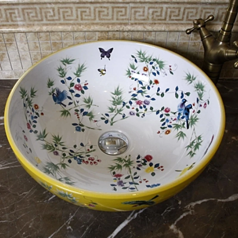 China Painting bird and flower Ceramic Sinks Counter Top Wash Basin vanities Bathroom Sink vessel ceramic round wash basin (4)