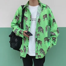 Men Long Sleeve Shirt Loose Japanese Streetwear Fashion Casual Shirts Polyester Print Animal Plus Asian Size M-5XL