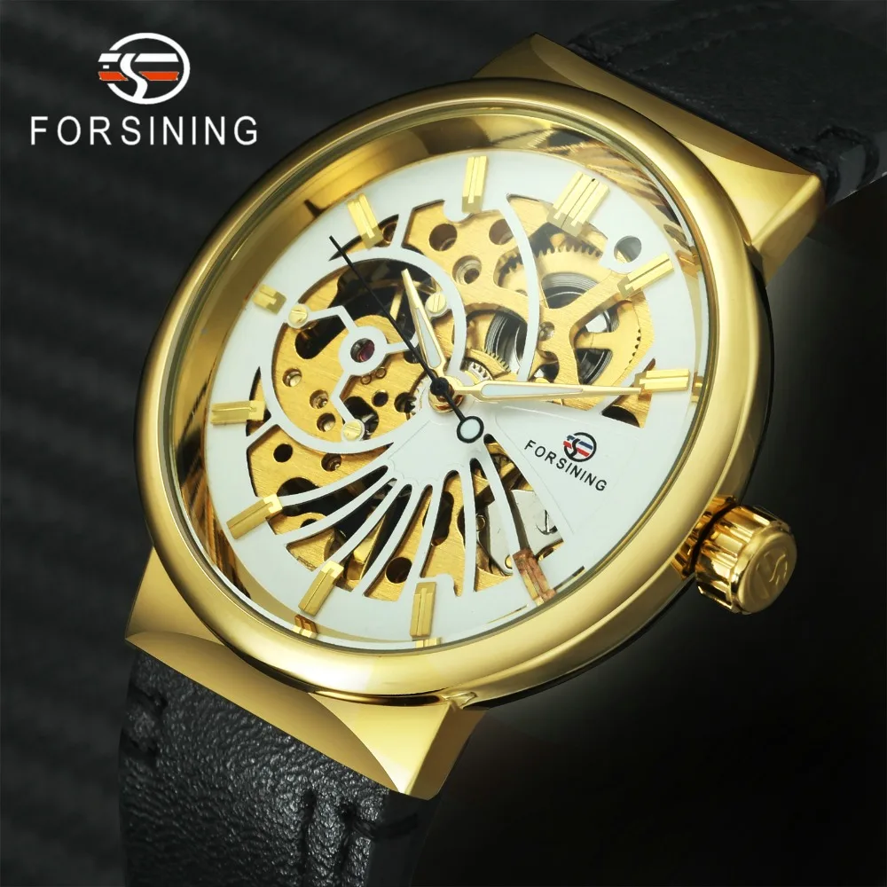 

FORSINING Royal Chic Auto Mechanical Mens Watches Top Brand Luxury Skeleton Dial Black Leather Strap Fashion Dress Wrist Watch