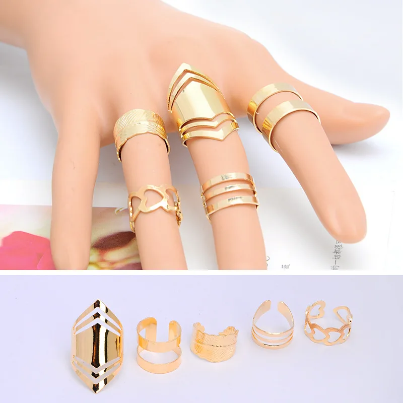 

New 5Pcs Fashion Leaf Heart shaped Five Suit Opening Rings For Women Classic Casual Gold-plated Party Ring Set Jewelry