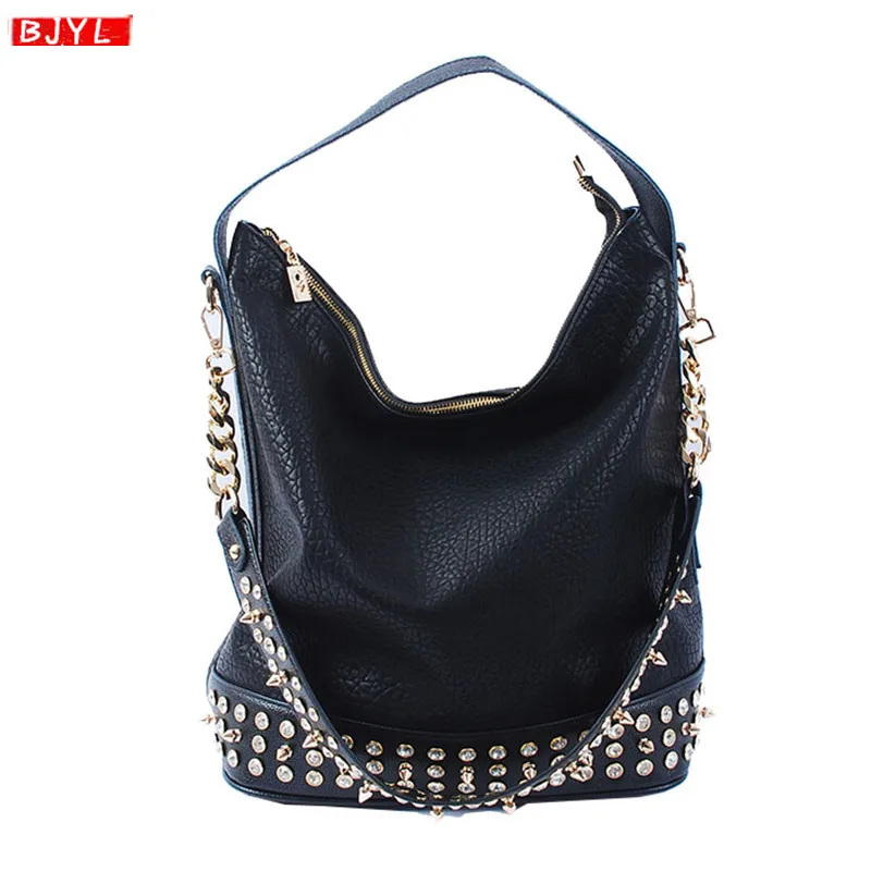 

BJYL New fashion diamond women handbag motorcycle rivet large shoulder bag female moon commute travel diagonal messenger bags