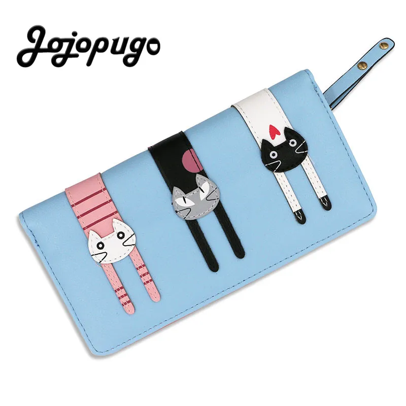 

2019 Cute Three Lazy Cats PU Leather Women Long Wallet Fashion Blue Cartoon Rivet Card Holder Ladies Purse Money Bags