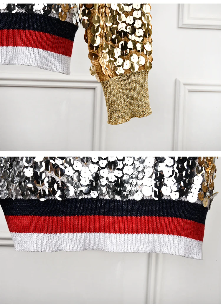 Дизайнерский свитер для подиума, роскошный бренд, женские толстовки контрастного цвета, расшитые блестками вязаные шерстяные пуловеры