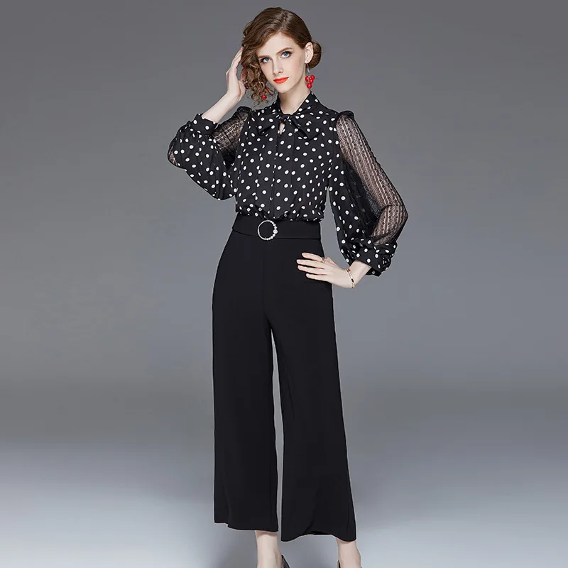 Brand New Designer Spring Jumpsuit Women Elegant Lace Sleeves Polka Dot