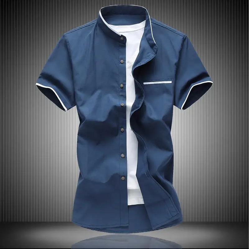

Stand collar Shirt Mens Dress Shirts Beach style Oxford Solid color Short-sleeved Blouse Men Slim Fit Summer Navy Blue White