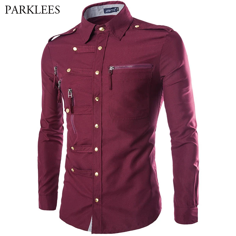 Mens Wine Red Shirts With Zipper Pockets Cool Streetwear Buttons Down