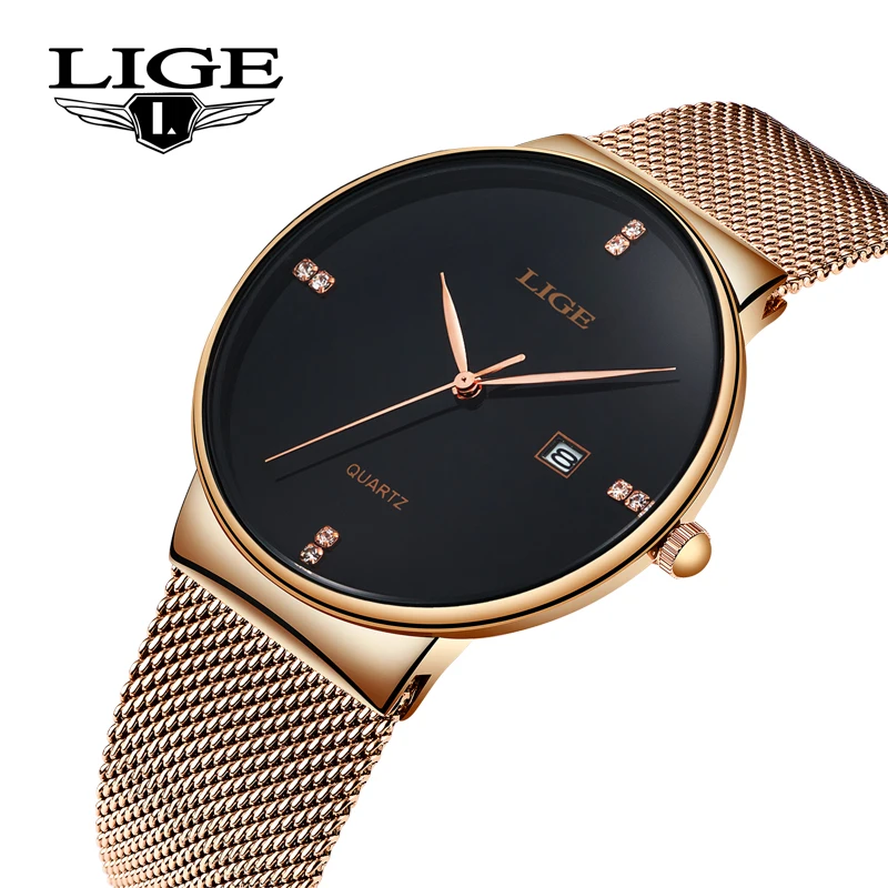 LIGE для женщин Мода розовое золото черный кварцевые часы леди повседневное водонепроницаемый простые женские часы для женщин s наручные часы Relogio Feminino