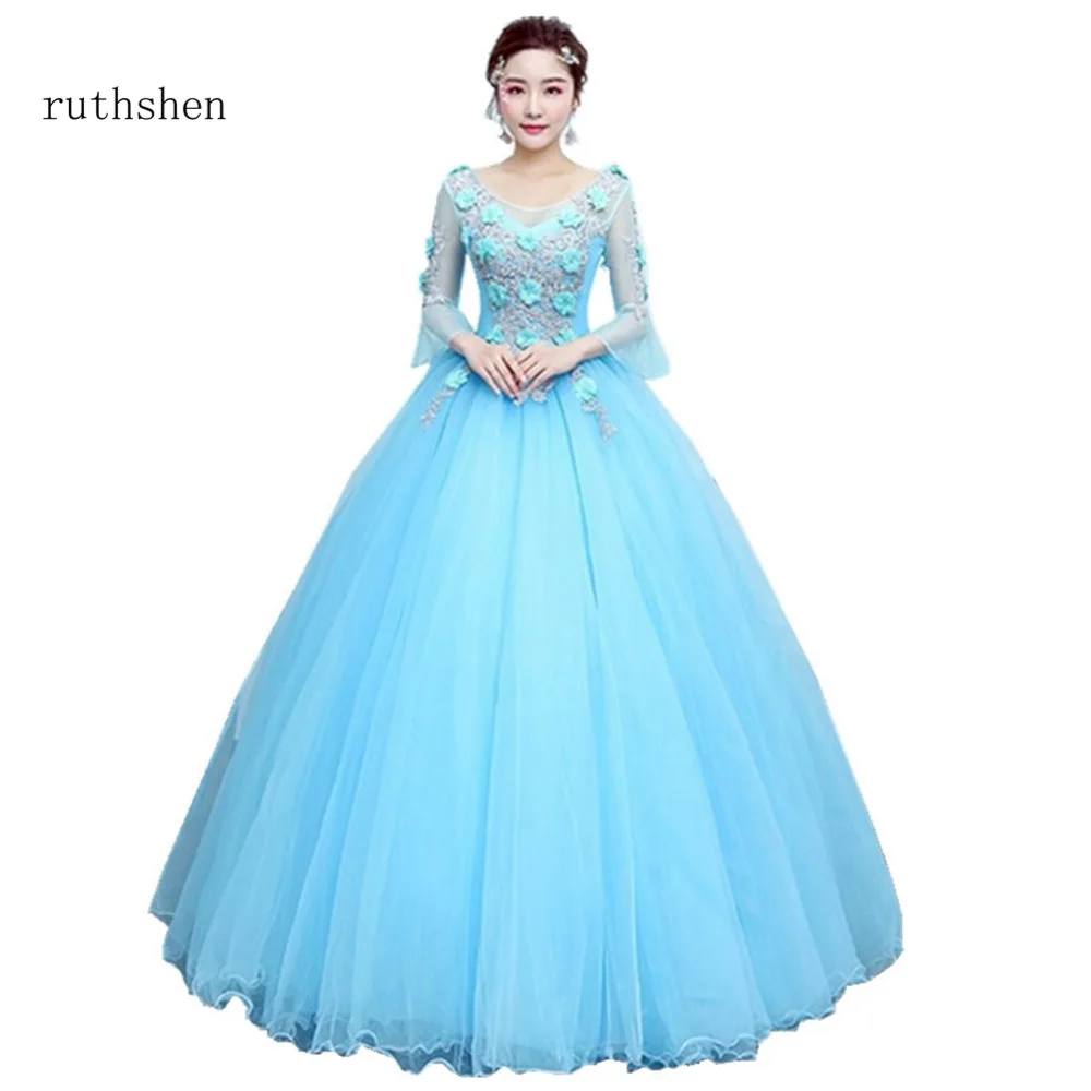 ruthshen Blue Long Sleeves Quinceanera Dress 2018 Cheap Vestidos De 16 Scalloped Appliques Ball