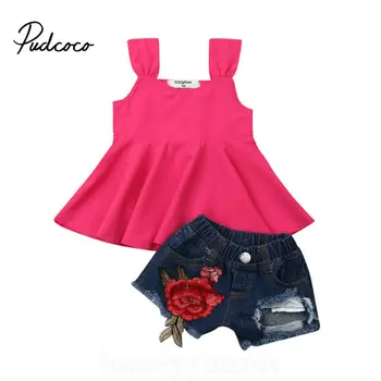 

2019 Hot Sale Toddler Baby Girls Sleeveless Off Shoulder Embroidery Rose Tops Denim Shorts Outfits Dropshipping Baby Clothes