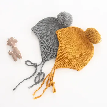 

Baby Boy Knitted Lovely Wool Ball Cap Winter Hat Boy And Girl Cotton Soft Tie Rope Cap