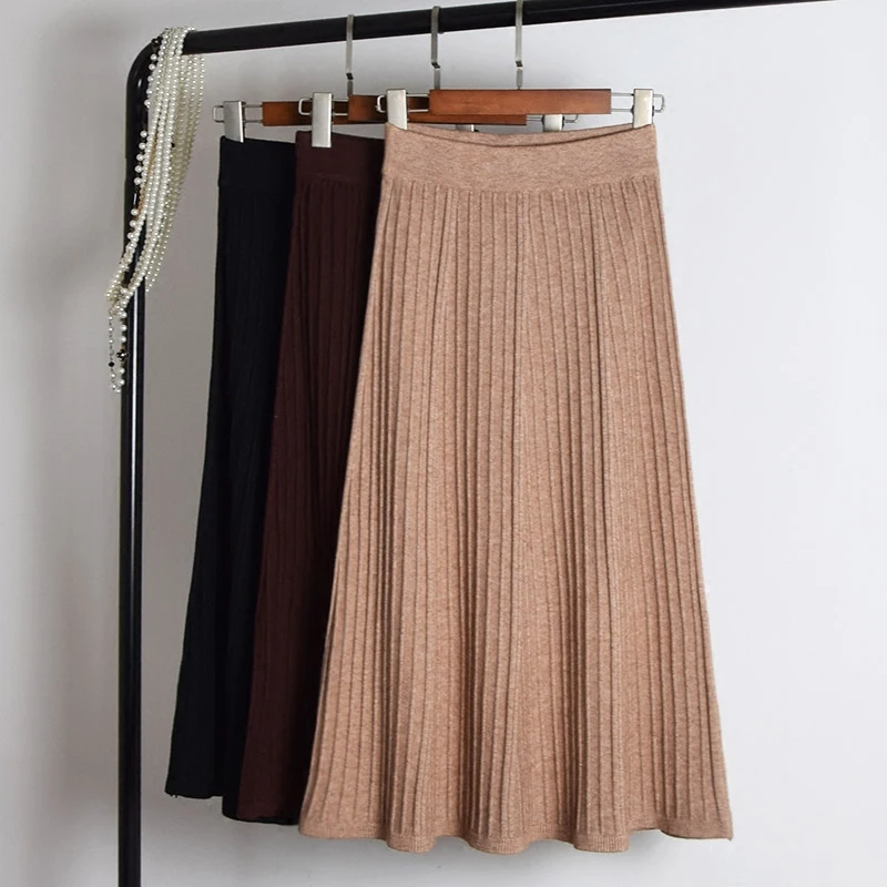 

New Pleated A-line Women Girl Skirts Knitting Long Skirt Women 8SK040