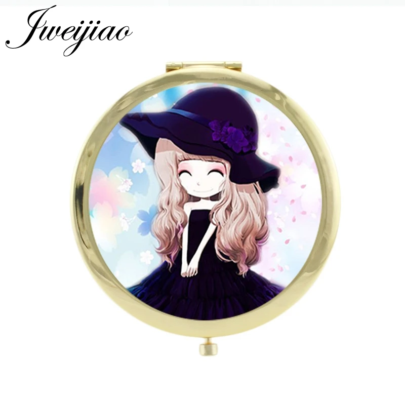 JWEIJIAO Подсолнух длинные волосы мультфильм красивые девушки карманное зеркало милые девушки позолоченные металлические макияж зеркала C064 - Цвет: C087