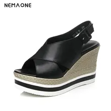 NEMAONE Women wedges sandals Rivets high heels sandals Straw shoes Casual leather platform shoes