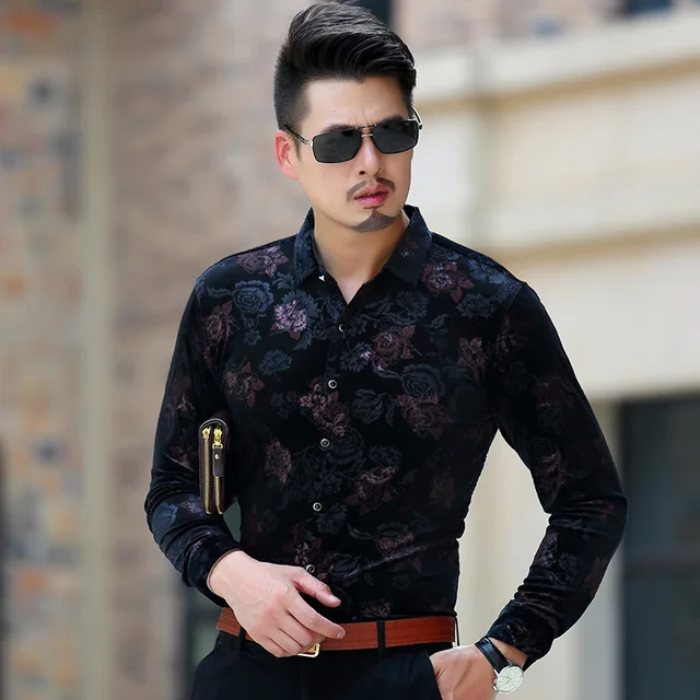 Luxury Brand Floral Velour Shirt Men 2018 Autumn New Slim Fit Long ...