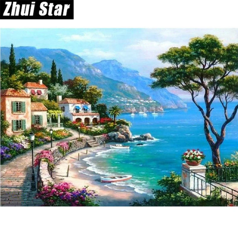 

Needlework Diy Diamond Embroidery Seaside Villa Full Square Drill Natural Scenery Diamond Painting Cross Stitch Picture ZS