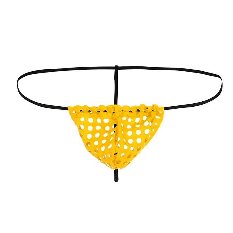 Pure Color Sexy Low Waist Breathable Hollow Out Men's T-Strings Thongs Male Erotic Lingerie Jockstrap Crotch Yin Meridians Bag - Цвет: Yellow