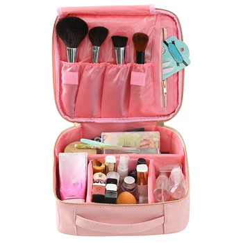 

Storage Bag Makeup Bag Leather Zipper Multiple Slot Waterproof Portable Travel Cosmetic Bag Big Capacity Wash Bag Pink/White
