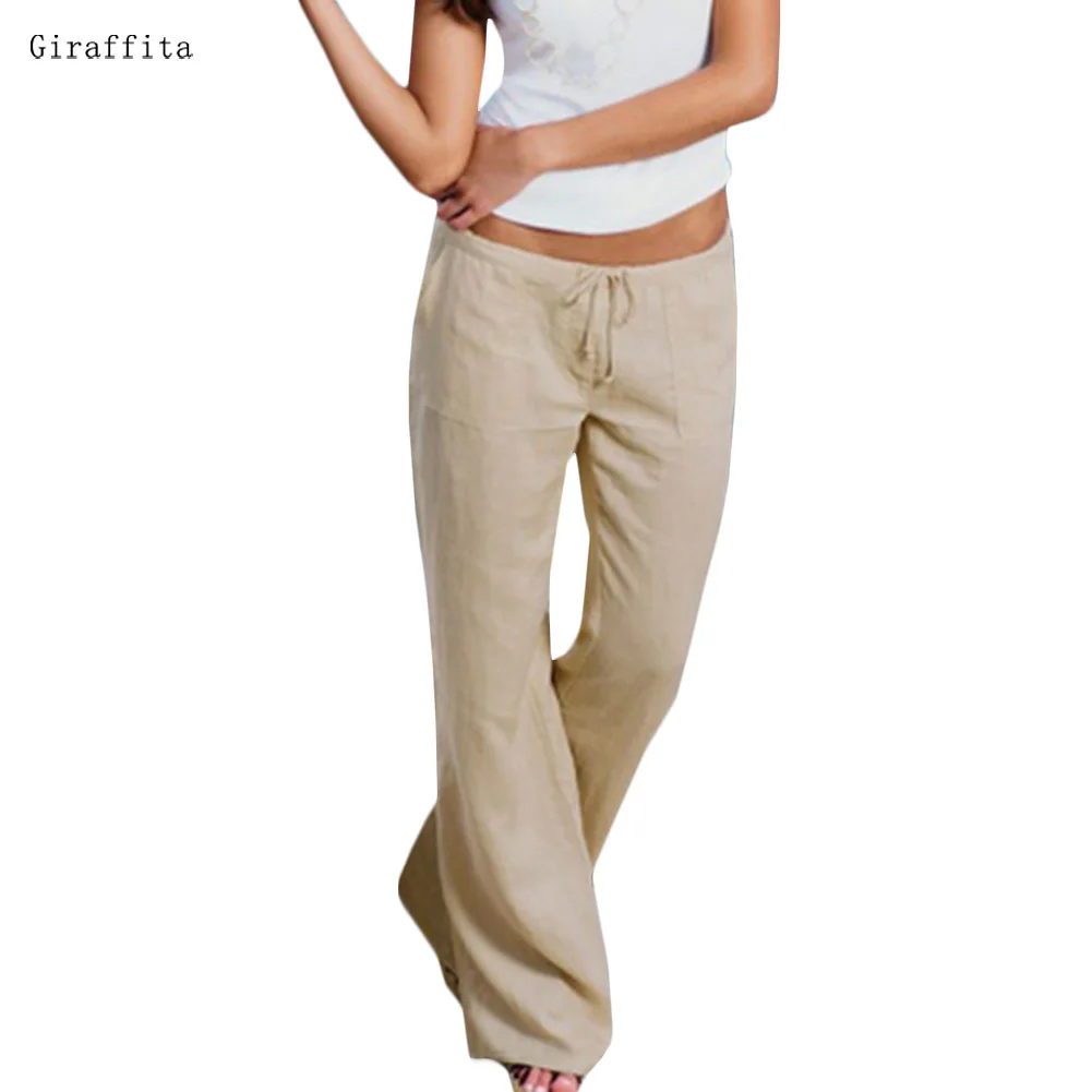 

2017 Giraffita Women High Waist Elastic Linen Trousers Female Straight Casual Pants Loose Long Trousers 3 Colors