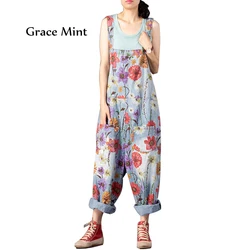 Macacão feminino estampado, vintage, floral, virilha, calça, solto, denim