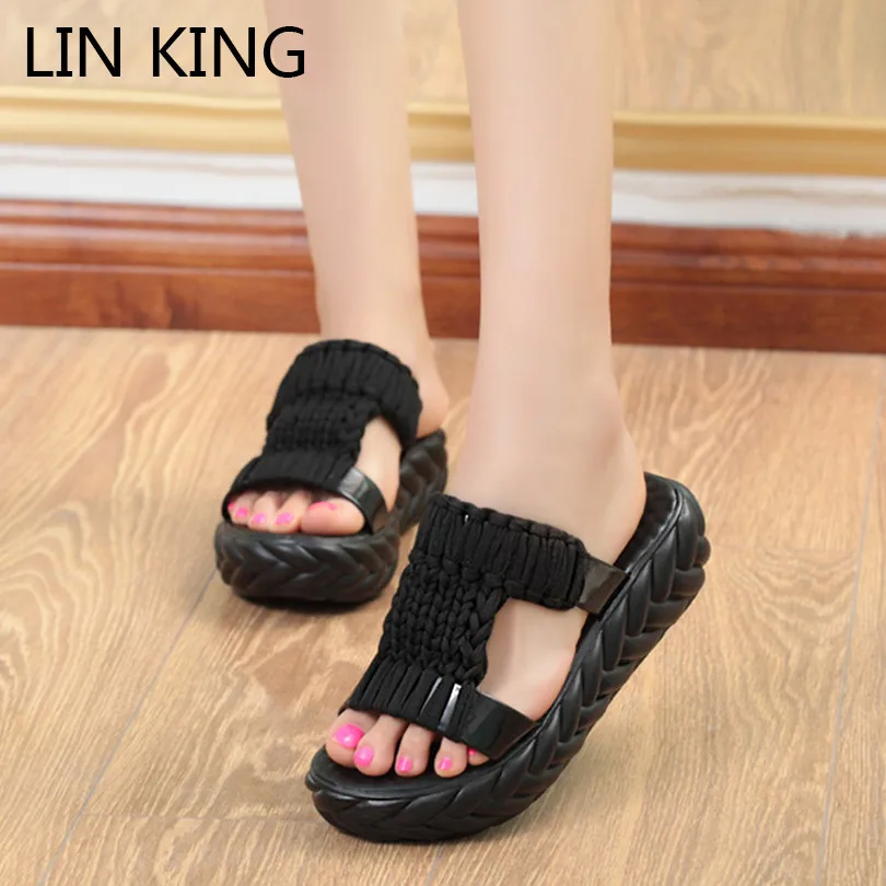 

LIN KING Leisure Wool Knit Women Slippers Thick Sole Platform Shoes Girls Summer Wedges Slippers Non Slip Female Causal Slippers