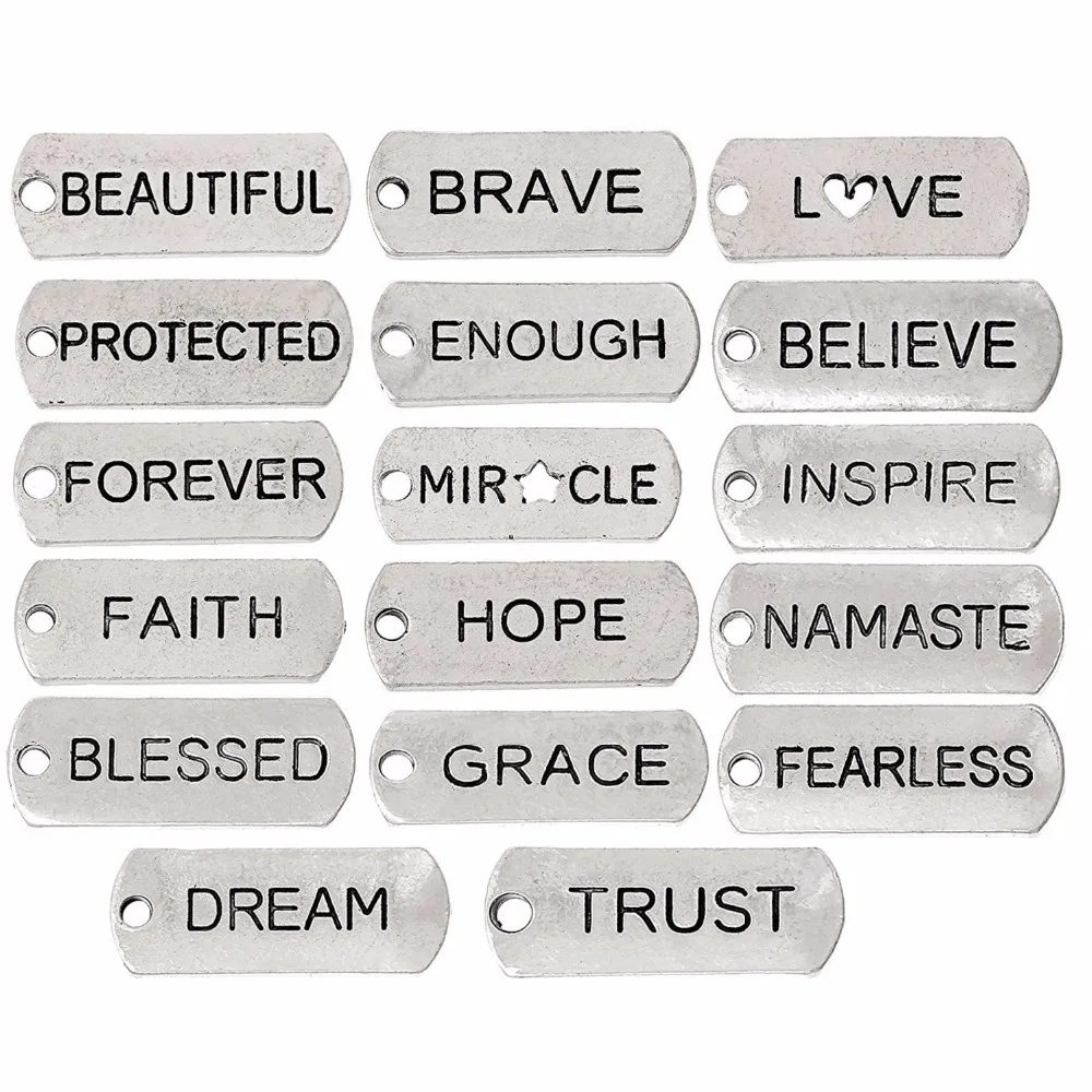 

50pcs Tibetan Antique Silver Rectangle with Word Pendants Cadmium Free & Lead Free Message Necklace Charms Tag Links